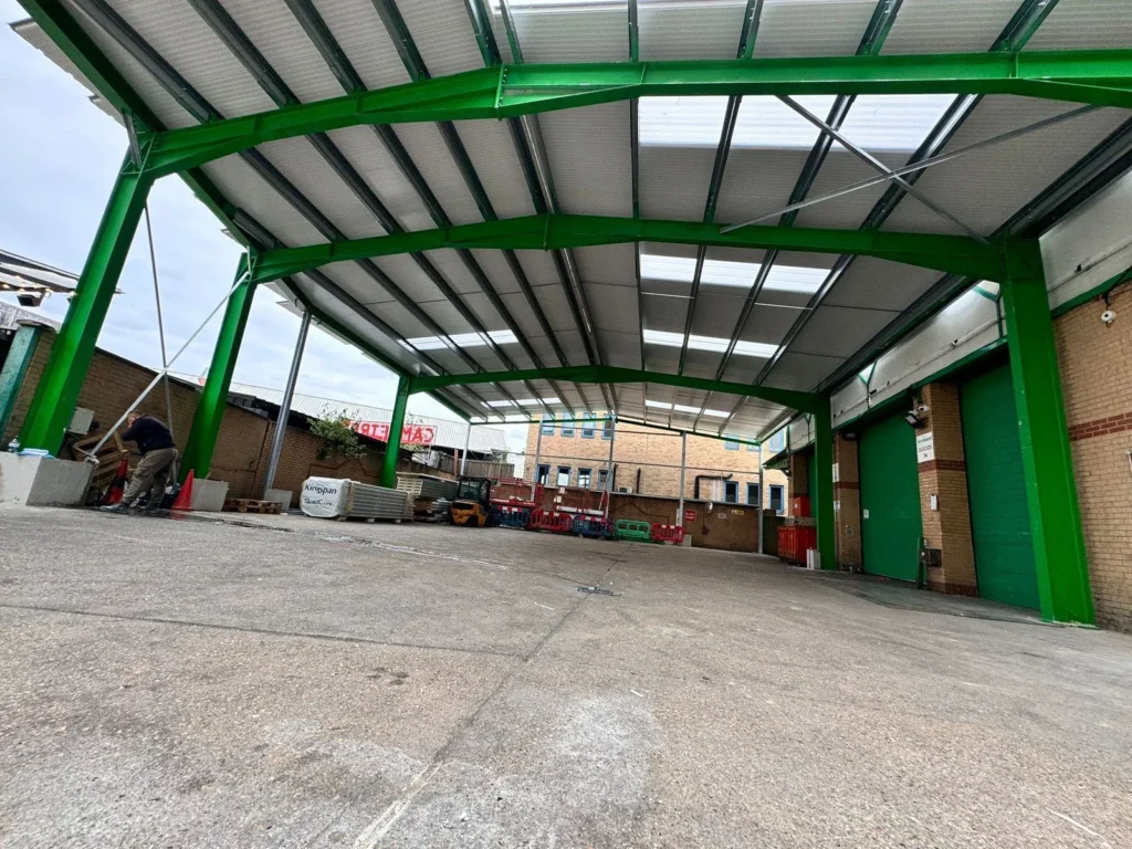 Steel portal frame supplied by Franks Steel for a commercial warehouse building in London.