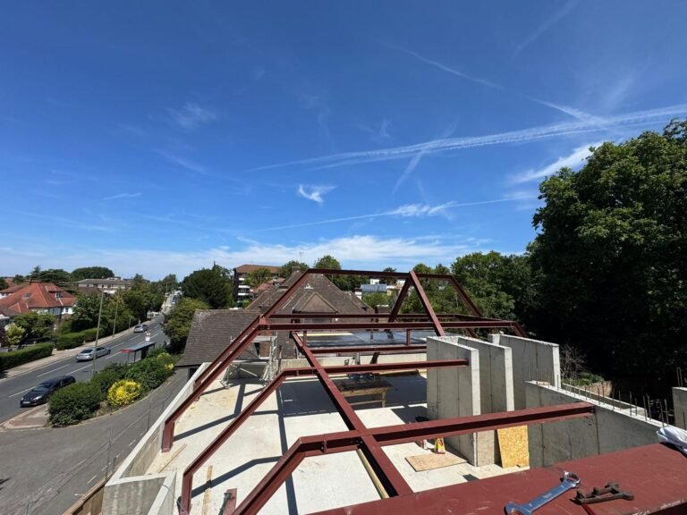 Structural steel roof frame installed by Franks Steel for a residential construction project in North London.
