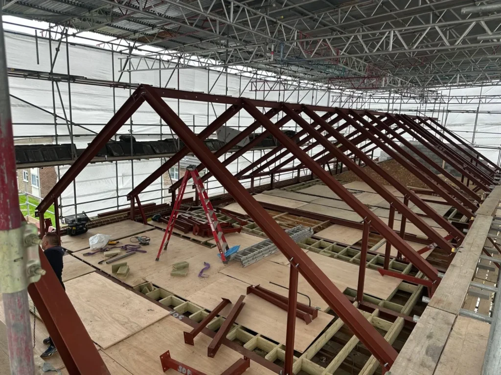 Structural steel roof frame fabricated and installed by Franks Steel for a residential extension in London.