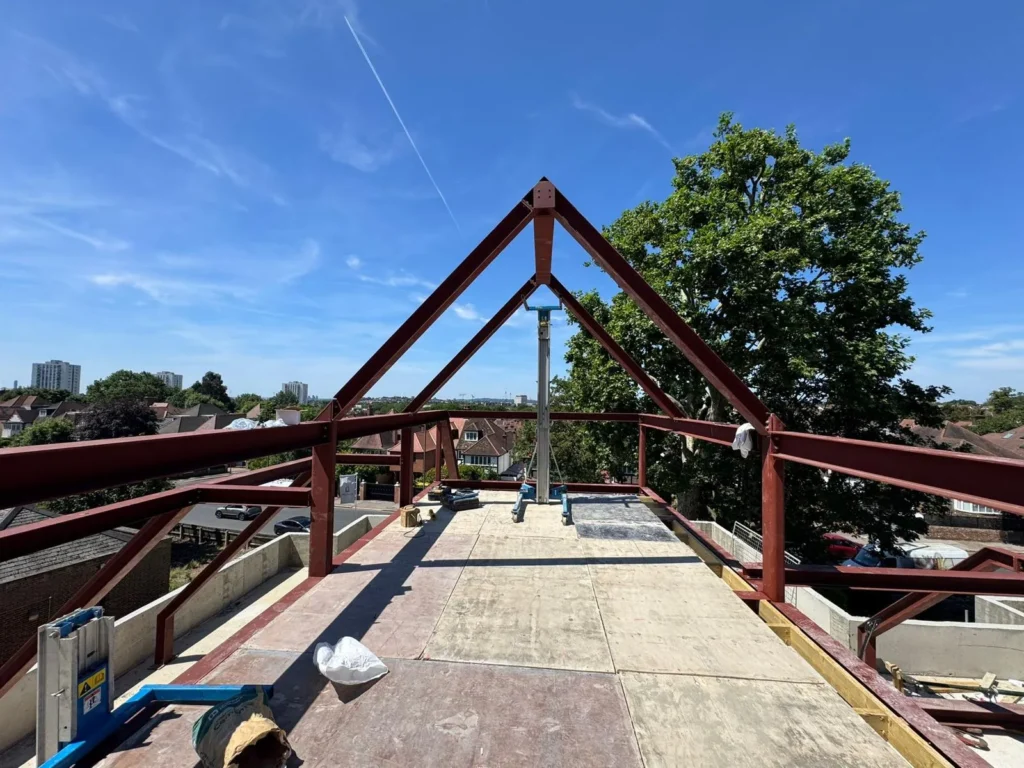 Structural steel roof frame fabricated and installed by Franks Steel for a residential development in London.